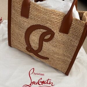 NWT-Christian Louboutin Woven Tan and Brown Tote Raffia By my side large tote